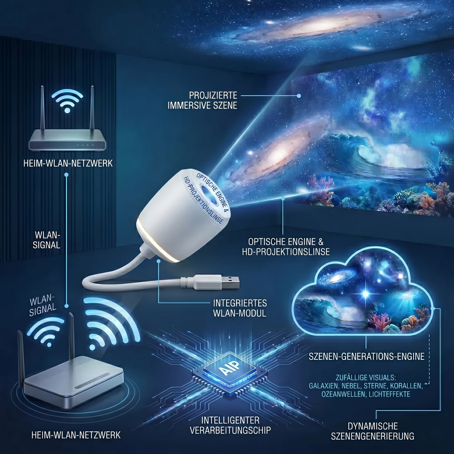 Gemütliche Nächte 🎗️|🌈 NEXT-GEN SMARTE PROJEKTION HD Smart Dynamischer 5D Holographischer Nachtlicht Projektor
