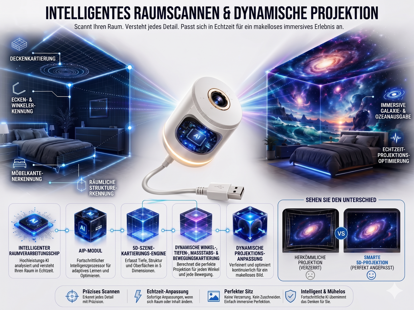 Gemütliche Nächte 🎗️|🌈 NEXT-GEN SMARTE PROJEKTION HD Smart Dynamischer 5D Holographischer Nachtlicht Projektor